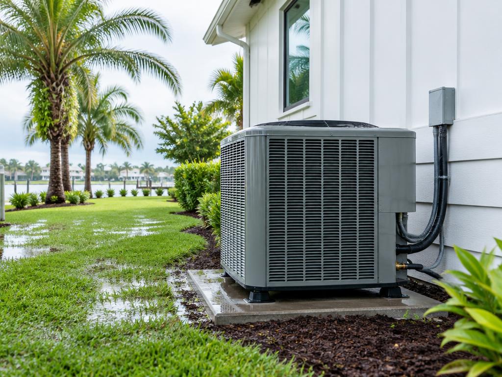 Outdoor HVAC unit beside a Florida home after rain